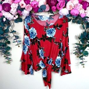 •a beautiful soul• Red Orange |two-tiered bell-sleeved| {tie front} Floral Top